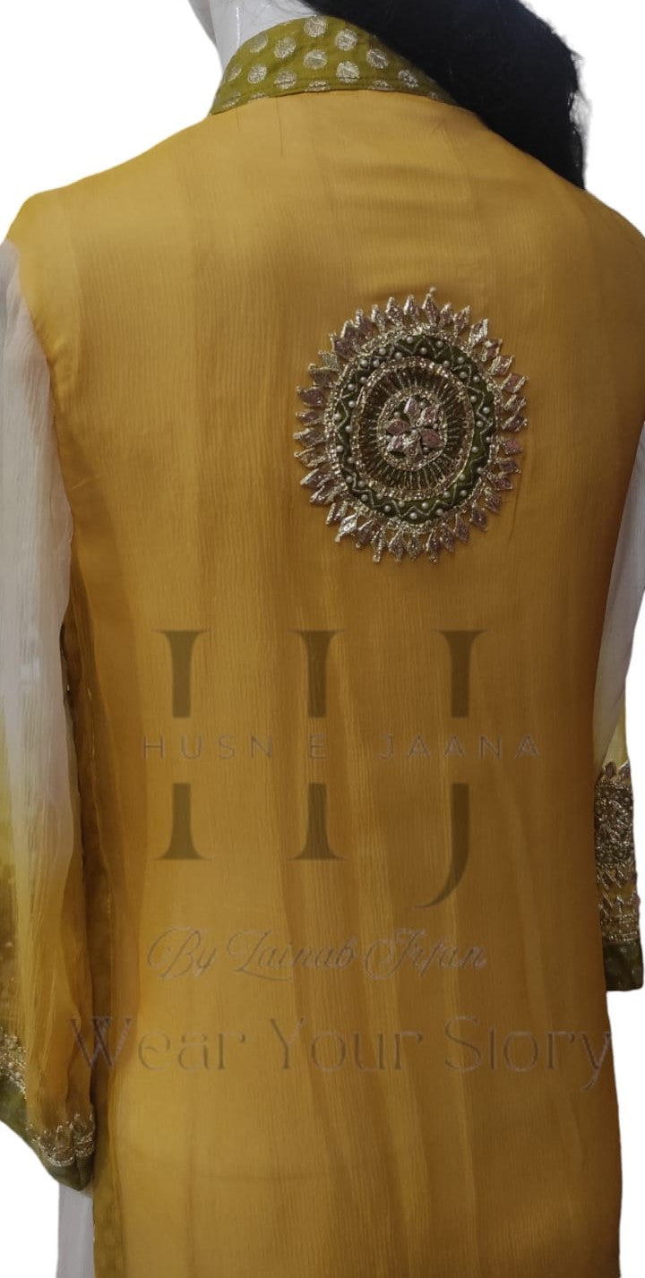 Elegant Creme White & Gold Yellow Double Shirt Set