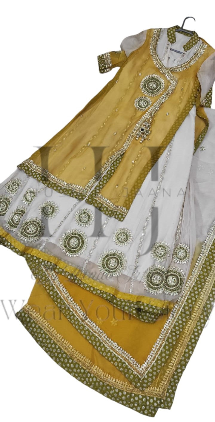 Elegant Creme White & Gold Yellow Double Shirt Set