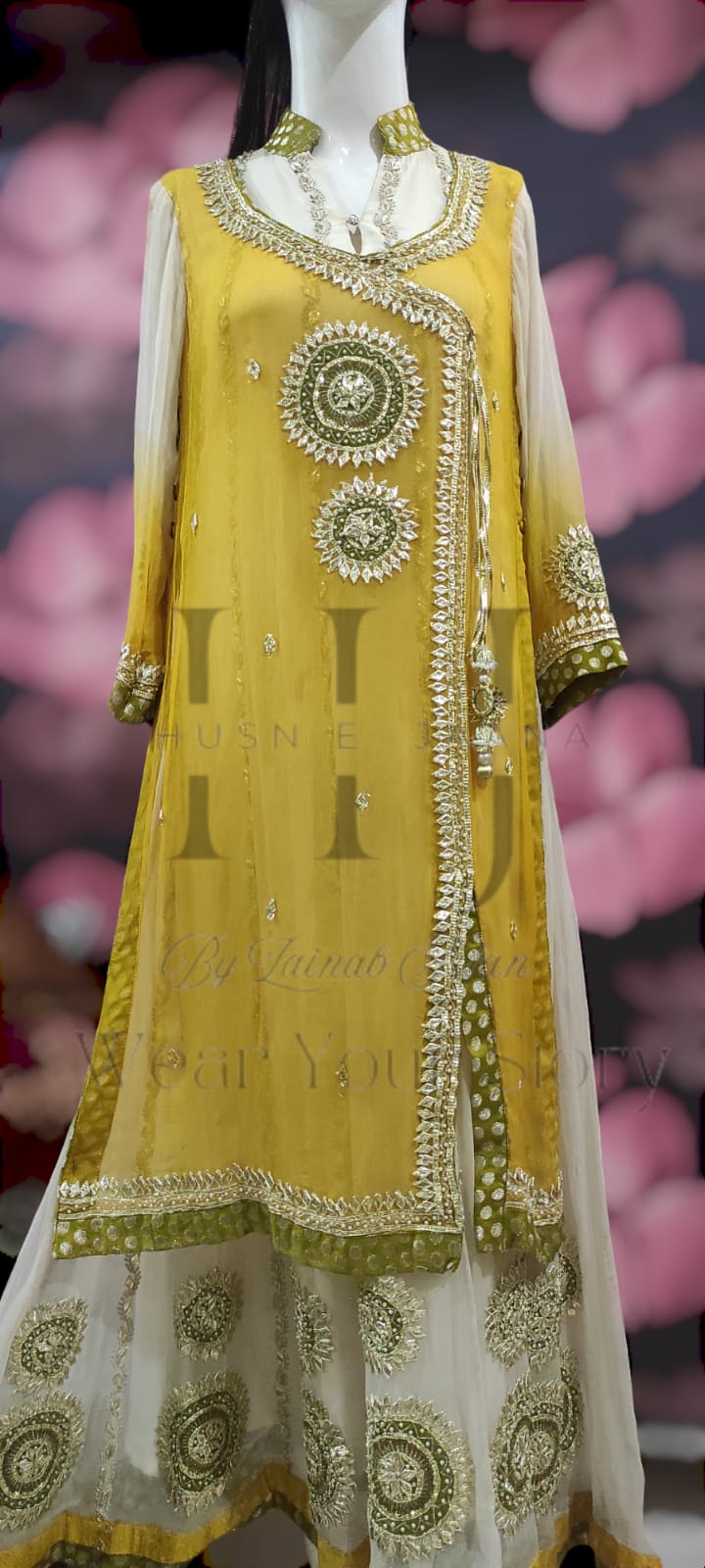 Elegant Creme White & Gold Yellow Double Shirt Set